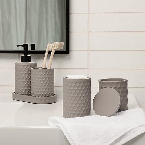 6 Piece Bathroom Accessories Set, Toothbrush Holder, Toothbrush Cup, Soap Dispenser,Bathroom Vanity Tray, Qtip Holder, Trash Can - Cement - color: Cement Effect
