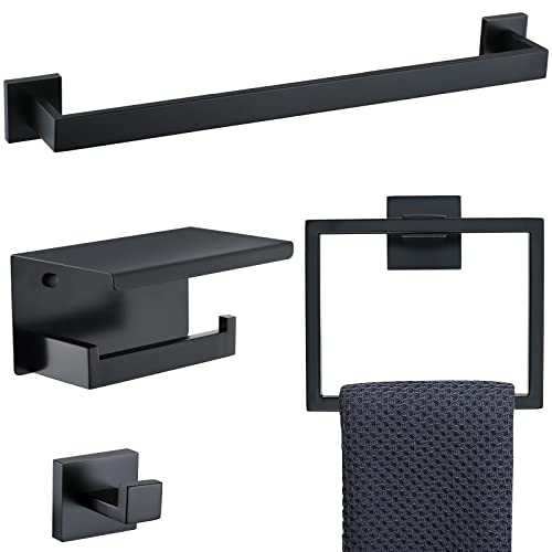 Bathroom Towel Bar Holder Sets Matte Black 4-Piece Bathroom Hardware Set Stainless Steel Bath Accessories Kit. Wall Mounted,23.6 Inch - color: Matte Black, size: 4-Pieces Set-B