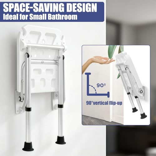Wall Mounted Folding Shower Seat | Height-Adjustable, 400lbs Heavy Duty Support, Foldable, For Elderly, Adults, Pregnant Women & Disabled