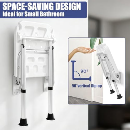 Wall Mounted Folding Shower Seat | Height-Adjustable, 400lbs Heavy Duty Support, Foldable, For Elderly, Adults, Pregnant Women & Disabled
