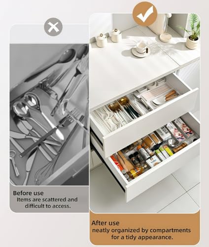 Retractable Drawer Storage Box - 6 Detachable Dividers with 2.04 Inch Shallow Drawer Height PET for Kitchen Utensils, Cosmetics, Office Supplies Storage (10.43 Inch L,20.27 Inch) - color: White