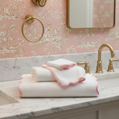 Lotus Linen Scallop Piping Towel Set of 6, 620 GSM 100% Zero Twist Cotton, 2 Bath, 2 Hand Towels, 2 Washcloths, Hanging Loops, Soft Absorbent Bathroom Essentials (Pink Piping, Towel Set (Pack of 6)) - color: Pink Piping, size: Towel Set (Pack of 6)