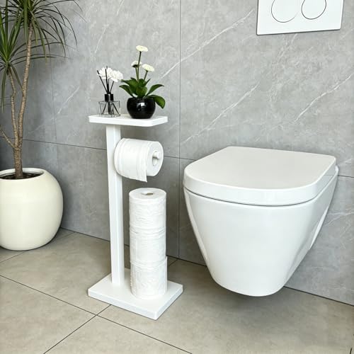 Bamboo Freestanding Bathroom Toilet Paper Holder Stand with Phone Shelf and Storage, Holds 3 Extra Mega Rolls(White) - color: White