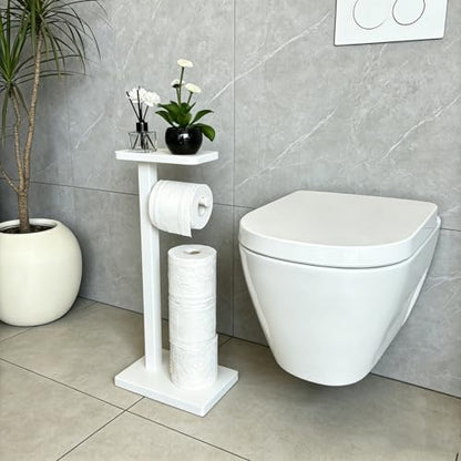 Bamboo Freestanding Bathroom Toilet Paper Holder Stand with Phone Shelf and Storage, Holds 3 Extra Mega Rolls(White) - color: White