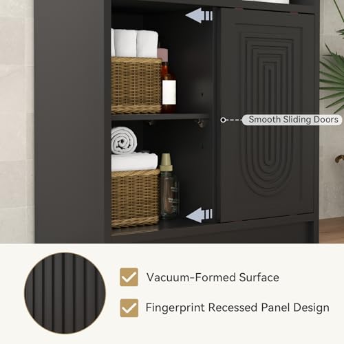 Gyfimoie Bathroom Storage Cabinet with 3 Drawers, Wooden Floor Cabinet with 1 Sliding Door & Adjustable Shelves for Bathroom, Living Room, Entryway (Black)