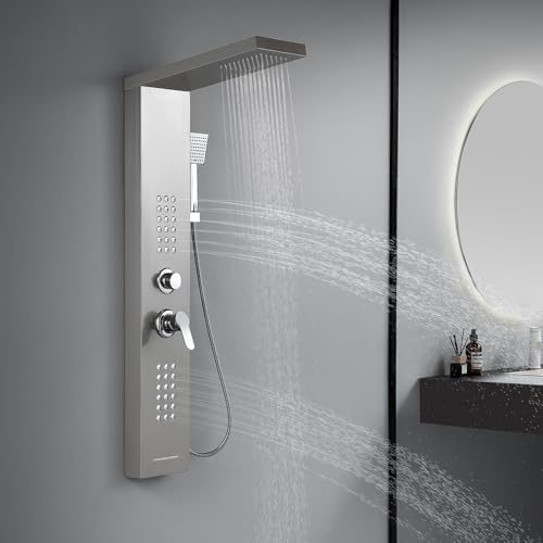 ROVATE 4 in 1 Rainfall Shower Panel Tower with Powerful Body Jets, Brushed | High Pressure Stainless Steel Shower Column with Flexible Handheld, Waterfall Tub Spout, Adjustable Waterflow - color: Brushed Finish