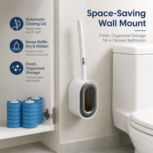 Disposable Toilet Brush and Holder Set, Wall-Mounted Automatic Closing Toilet Bowl Cleaner Kit with 18 Refill Heads, Deep Cleaning System for Hard Water Stains, No-Drill Easy Installation - size: Toilet Brush + 18Refills
