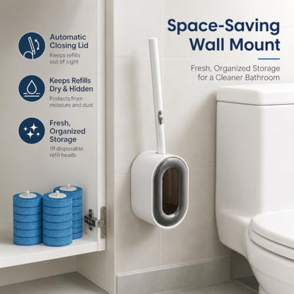 Disposable Toilet Brush and Holder Set, Wall-Mounted Automatic Closing Toilet Bowl Cleaner Kit with 18 Refill Heads, Deep Cleaning System for Hard Water Stains, No-Drill Easy Installation - size: Toilet Brush + 18Refills
