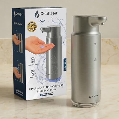 GentleJet CrystalJet Automatic Liquid Soap Dispenser Touchless Sensor, Stainless Steel, USB-C Rechargeable, Waterproof Kitchen & Bathroom Countertop Soap Dispenser, 300 ml - color: Silver
