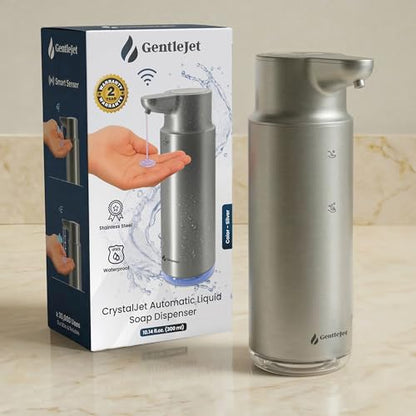 GentleJet CrystalJet Automatic Liquid Soap Dispenser Touchless Sensor, Stainless Steel, USB-C Rechargeable, Waterproof Kitchen & Bathroom Countertop Soap Dispenser, 300 ml - color: Silver