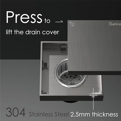 Sunrosa 4 Inch Square Shower Drain, Brushed Nickel, 304 Stainless Steel | Reversible Tile-insert Cover, For Bathroom Renovatio,PVD Coating, Press-to-lift Cover Design, One-piece Bent Design - color: Brushed Nickel, size: 4"×4"