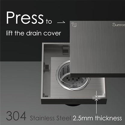 Sunrosa 4 Inch Square Shower Drain, Brushed Nickel, 304 Stainless Steel | Reversible Tile-insert Cover, For Bathroom Renovatio,PVD Coating, Press-to-lift Cover Design, One-piece Bent Design - color: Brushed Nickel, size: 4"×4"