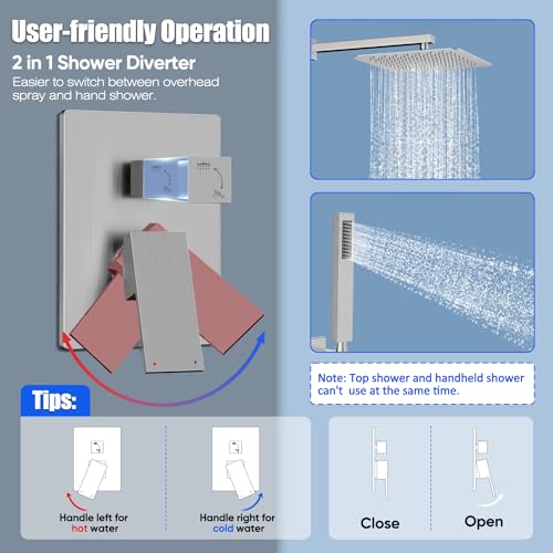 Gabrylly Rain Shower Head with Handheld Spray Combo, 10", Brushed Nickel | All Metal Shower System, High Pressure Rainfall Shower Faucet Set, Solid Brass Shower Valve Complete Shower Set for Bathroom - color: Brushed Nickel, size: 10 Inch