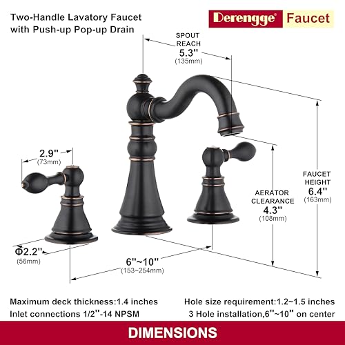 Oil Rubbed Bronze 2-Handle 8 Inch Widespread Bathroom Faucet, 3 Holes | Derengge Traditional Widespread Sink Faucet, With Pop-Up Drain 360° Swivel Stainless Steel Spout, F-8303-ORB - color: Oil Rubbed Bronze