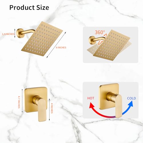 Brushed Gold Shower Faucet Single Function Trim Kit with Rough-in Valve Set Bath Rainfall Shower System 8inch Square Stainless Steel Metal Shower Head - color: Brushed Gold