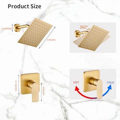 Brushed Gold Shower Faucet Single Function Trim Kit with Rough-in Valve Set Bath Rainfall Shower System 8inch Square Stainless Steel Metal Shower Head - color: Brushed Gold