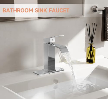 Chrome Bathroom Faucets Evolvegoods Modern Waterfall Bathroom Faucet | Single Handle 1 or 3 Hole Bathroom Sink Faucet RV Mixer Tap Vanity Faucet with Deck Plate Pop-up Drain and Supply Lines - color: Chrome