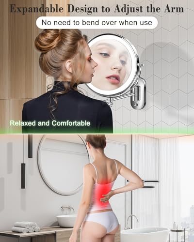 9'' 30X/1X Wall Mounted Lighted Makeup Mirror, Height Adjustable Double Sided 5000mAh Rechargeable Magnifying Bathroom Mirror with Light, 3 Color Modes Touch Dimmable Extended Arm 360 Rotation