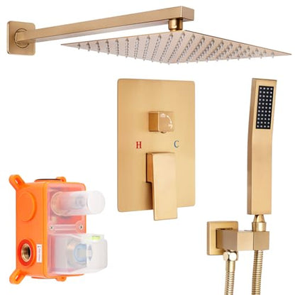 Brushed Gold Square Rainfall Shower Head Set with Handheld, 10" | Wall Mounted Bathroom Shower Faucet, 10 Inch Square Head, With Shower Valve, Rustproof Brushed Gold, High Pressure Raindrop - color: Brushed Gold, style: 2 Setting-10in