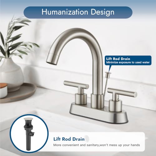 Bathroom Faucet with Lift Rod Drain,4 Inch Centerset 3 Hole,Brushed Nickel | Two Handle Lead-Free SUS304 Stainless Steel Bathroom Sink Faucet with Lift Rod Drain & Supply Lines for RV & Farmhouse - color: Brushed Nickel