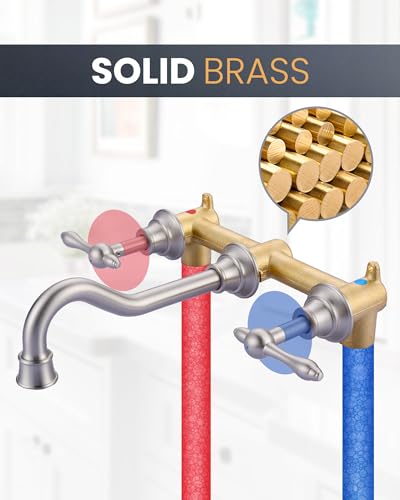2-Handle Bathroom Faucet Brushed Nickel: WOWOW Wall Mount Bathroom Sink Faucets Brass and Rough-in Valve Included, 8 Inch Lavatory Faucet 3 Hole Antique Tap - color: Brushed Nickel