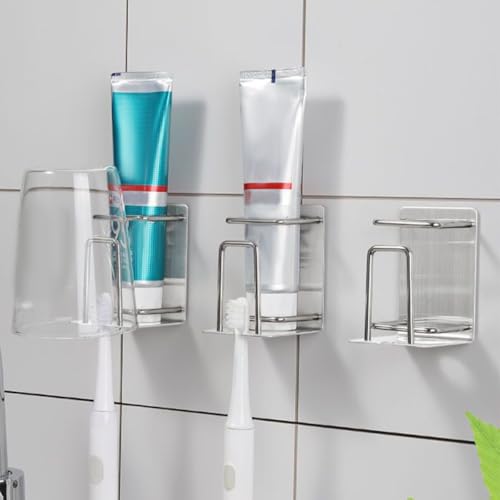 Mobestech Nail-Free Stainless Steel Toothbrush Holder Wall Mounted Bathroom Organizer with Toothpaste Storage Rack and Rinsing Cup for Home Bathroom Accessories