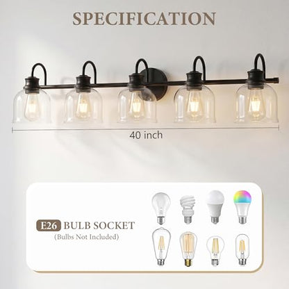 URSOLA 5 Lights 40" Bathroom Vanity Light Fixtures, Matte Black Traditional Classic Vanity Light with Clear Glass, Bathroom Lighting Fixtures Over Mirror - color: Black, size: 5 Lights