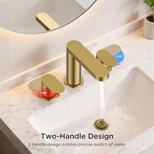 QFN Bathroom Faucet 3 Hole 8" Widespread Vanity Sink Faucet Brushed Gold | 304 Stainless Steel Bathroom Sink Faucet with Pop-up Drain, 6-12 Inch 3 Hole Install, for RV Laundry Farmhouse Restroom Sink - color: Brushed Gold, style: Round