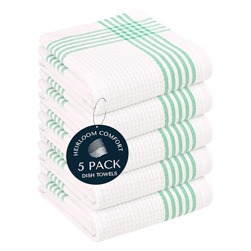 Dark Green Waffle Weave Kitchen Towels 5 Pack, 100% Cotton, 16x26 Inch, Ultra Absorbent, Quick Dry Dishcloths, Durable & Reusable Dish Towels for Home and Kitchen, Machine Washable - color: Dark Green, White, style: 5 Pack