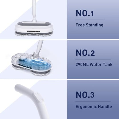 Cordless Electric Spin Mop with Spray and LED Headlight | Self-propelled dual-spin cleaning, 30-50 min runtime, 290 ml spray tank and 6 washable pads for sealed hard floors