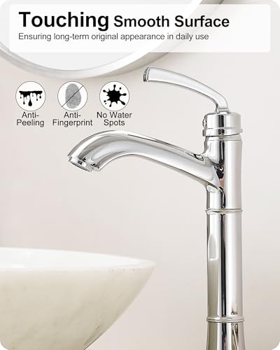 Tall Vessel Sink Faucet, Brass Bathroom Vessel Faucet, One Hole, Single Handle with Pop-Up Drain & Supply Water Hoses, No Leaks, Chrome - color: Chrome