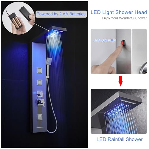 5-in-1 LED Shower Panel Tower System Stainless Steel | Rainfall + waterfall heads | 3 massage sprays | Handheld shower | Waterfall tub spout | LED lights | Wall mount - color: Brushed Nickel