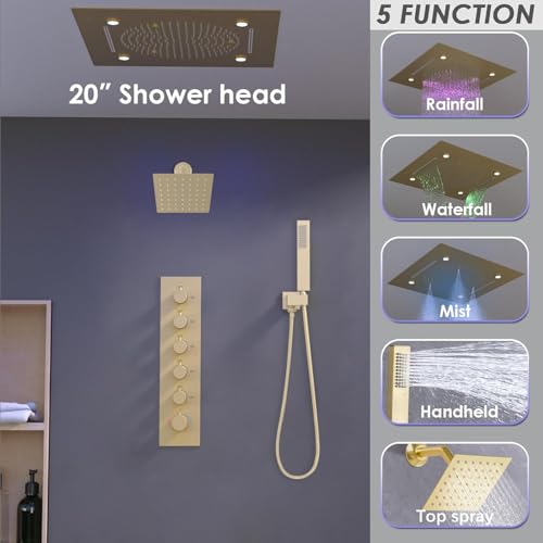 Enga Luxury Dual Shower Head System LED Thermostatic Shower System with 6 inch Wall Shower, 20-Inch 3 Function Shower Head (Rainfall & Mist & Waterfall), Brushed Gold - color: Brushed Gold, style: 20" Head (Rain + Mist+Waterfall) - 6" Head