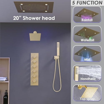 Enga Luxury Dual Shower Head System LED Thermostatic Shower System with 6 inch Wall Shower, 20-Inch 3 Function Shower Head (Rainfall & Mist & Waterfall), Brushed Gold - color: Brushed Gold, style: 20" Head (Rain + Mist+Waterfall) - 6" Head