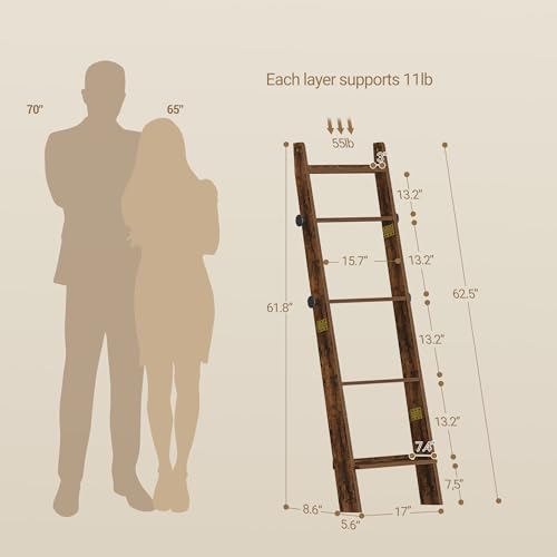 Hzuaneri Blanket Ladder, Decorative Quilt Rack with 4 Removable Hooks | 5-Tier Blanket Ladder Shelf for Bedroom Living Room, Rustic Brown BR30501X - size: 5.6"D x 17"W x 62.5"H