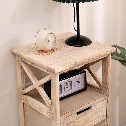30Inch Fully Assembled Solid Wood Nightstand with Drawer, Distressed White | Solid Wood; Fully Assembled; 30-Inch Tall; Drawer Storage; X-Style Open Shelf; Slim Farmhouse Bathroom Cabinet & End Table - color: Distressed White