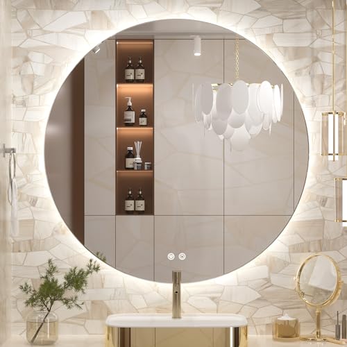 Keonjinn 40 Inch Large Round LED Mirror with Backlit, Safe Tempered Glass | Oversized, 3000K/4500K/6000K, Safe Defogging, Dimmable, Memory Function, Hardwired/Plug in, French Cleat Installation, Salon - size: 40"L x 40"W