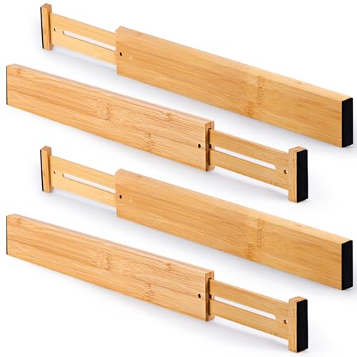 Bamboo Drawer Dividers Organizers, Kitchen Drawer Dividers for Clothes, Adjustable Drawer Separators for Dresser, Bedroom, Bathroom, Office, 4 Pack, 17“-22” - size: 17"-22"