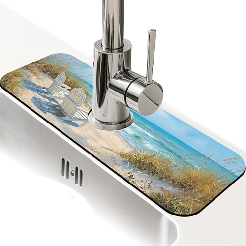 Kitchen Sink Splash Guard，Beach-scene Faucet Mat Sink Gadgets-Super Absorbent Fast Drying Mat Drip Catcher for Kitchen, Bathroom,Sink Mat, Dish Drying Mat, Bathroom(15" X 5.5" ) - color: Beach-scene