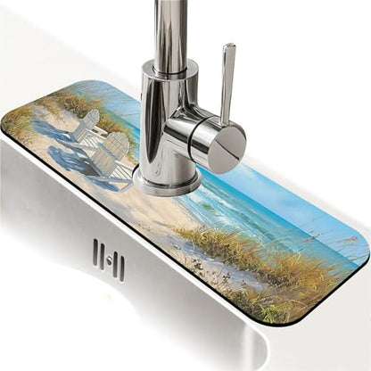 Kitchen Sink Splash Guard，Beach-scene Faucet Mat Sink Gadgets-Super Absorbent Fast Drying Mat Drip Catcher for Kitchen, Bathroom,Sink Mat, Dish Drying Mat, Bathroom(15" X 5.5" ) - color: Beach-scene