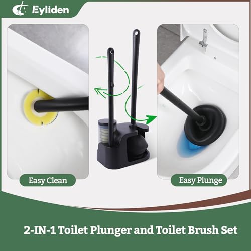 Eyliden Toilet Brush and Plunger Set, Disposable Wand Kit with 10 Refills | Pre-Soaked Concentrated Cleaner Sponge, Touch-Free, 2-in-1 Compact Holder, Powerful Suction Cup, Bathroom Cleaning System - color: Black