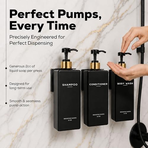 Black Shampoo and Conditioner Dispenser Set Wall Mounted by Brighter Barns - Shampoo Conditioner Body Wash Dispensers 3 Chamber No Drill - Refillable Shower Bottles for Guest Bathroom, Airbnb (Black) - color: Black