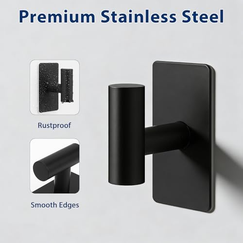 NearMoon Adhesive Hooks - Premium Stainless Steel Shower Holder Wall Hooks Heavy Duty Robe Towel Hangers Stick on Wall for Bathroom Kitchen (Matte Black) - color: Matte Black
