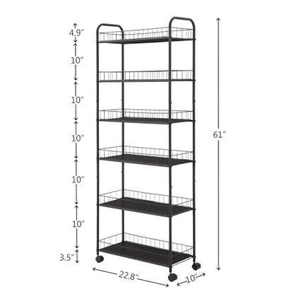 Slim Rolling Storage Cart, 6 Tier Utility Carts with Wheels and Baskets, Mobile Shelving Unit, Metal Wire Storage Shelving Rack with for Kitchen Bathroom Office Laundry Narrow Space - Black 10in