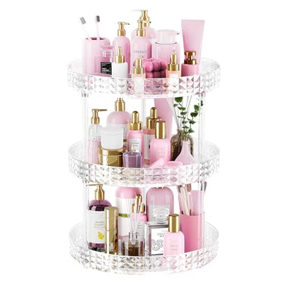 3Tier Diamond Lazy Susan Bathroom Countertop Organizer, 360° Clear Rotating Makeup Cosmetic Perfume Storage Tray, Spinning Vanity Organizer Shelf for Bathroom Cabinet, Dresser, Kitchen(Large) - size: 3 Tier / 10.6Inch-Diamond