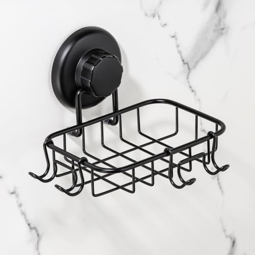 HASKO 2 Pack Suction Cup Soap Dish for Shower Wall, Rustproof Stainless Steel, Shower Soap Holder with Hooks, Includes Optional No Drill Adhesive Mount for Bathroom, 2 Soap Savers, Black - color: Black (2 Pack)