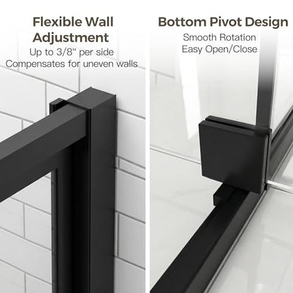 56-60" W x 72" H Semi-Frameless Pivot Swing Shower Doors | 1/4" (6mm) Clear SGCC Tempered Glass with a 24.8" walk-in opening, Matte Black Finish, Reversible, Magnetic Closing - color: Matte Black, size: 56"- 60"