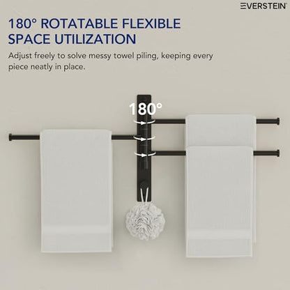 Swivel Towel Rack, Matte Black, 12.5 in, 3-Arm Towel Bar | 304 Stainless Steel, Space Saving, Wall Mounted, With Hook - color: Matte Black