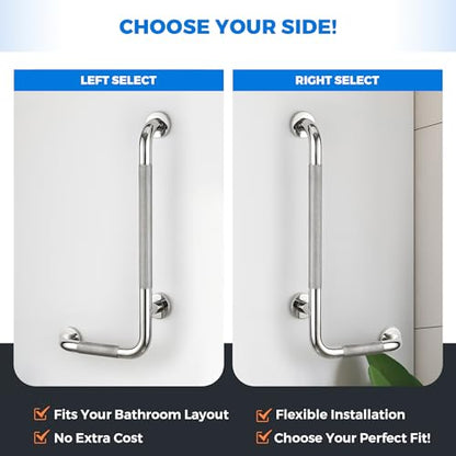 L-Shaped Grab Bars for Shower, 1 Pack, 24 x 12 Inch Stainless Steel, Left | Grab Bars for Bathroom; Diamond-Knurled Anti-Slip Grip; Wall-Mounted Safety Rail for Seniors; Mounting Hardware Included - size: Left