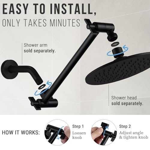 G-Promise All Metal Shower Head Extension Arm (Matte Black, 9.5 INCH) | Rise or Lower Shower Head, Height & Angle Adjustable Extender, Anti-Leak, Firmly Secure Shower Head, Easy to Install - color: Matte Black